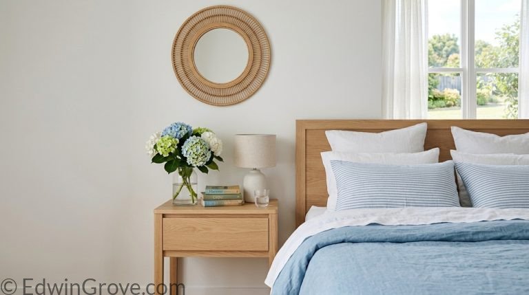 Beautiful summer bedroom with airy white coastal blue linen bedding sheer curtains and fresh flowers on nightstand