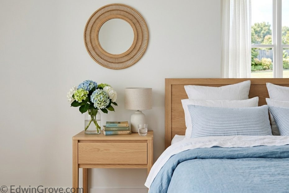 Beautiful summer bedroom with airy white coastal blue linen bedding sheer curtains and fresh flowers on nightstand