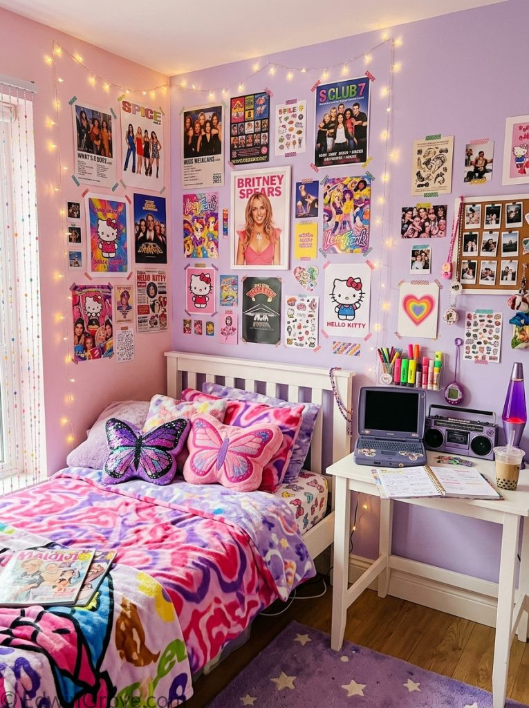  Teen y2k bedroom with pink purple tones y2k poster gallery wall fairy lights fluffy bedding butterfly pillows and personal desk with y2k accessories 