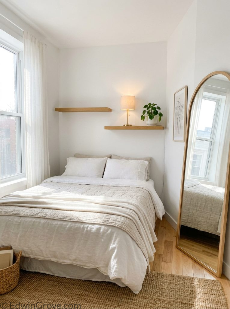  Tiny apartment bedroom with floating shelves large mirror light neutral bedding one warm lamp and small plant in beautifully styled small space 