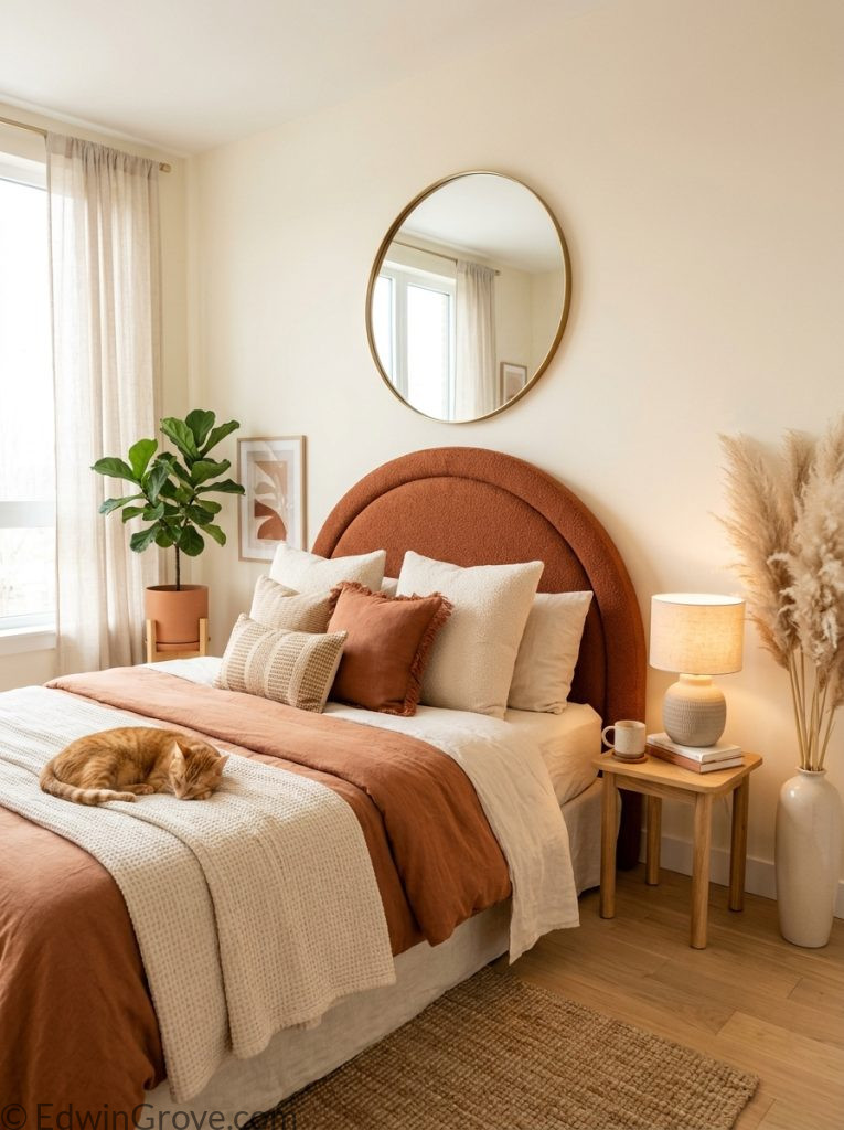 Trendy apartment bedroom with warm terracotta cream tones curved headboard rounded mirror ceramic lamp dried pampas grass and fashionable aesthetic accessories