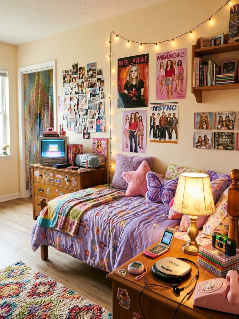  Vintage y2k bedroom with warm vintage tones 2000s accessories flip phones CDs retro gadgets vintage furniture warm lamp and pink purple accents 