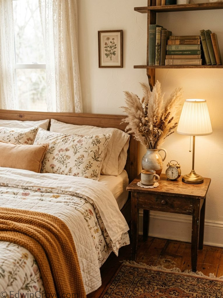 Vintage cozy warm bedroom with amber cream tones antique lamp floral bedding ceramic vase dried pampas and old books