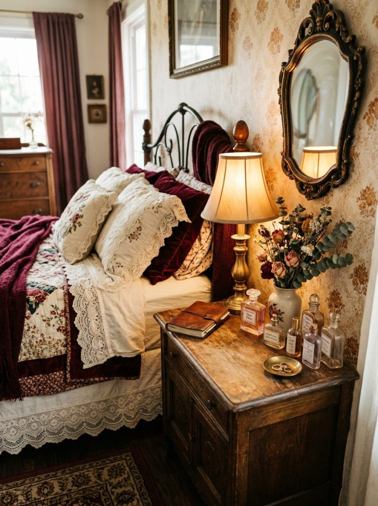 Vintage dark feminine bedroom with deep cream amber burgundy tones ornate mirror antique lamp lace silk bedding perfume bottles and dried flowers 