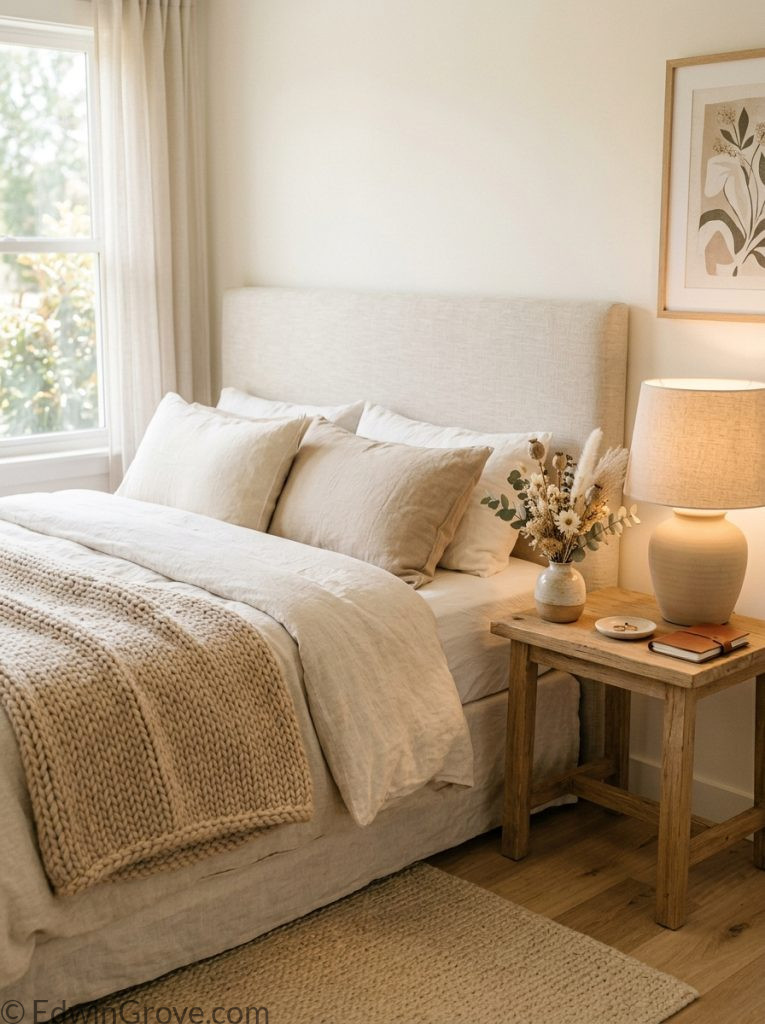Neutral cozy warm bedroom with cream beige warm white sand tones linen bedding knit throw wooden nightstand ceramic lamp and dried flowers
