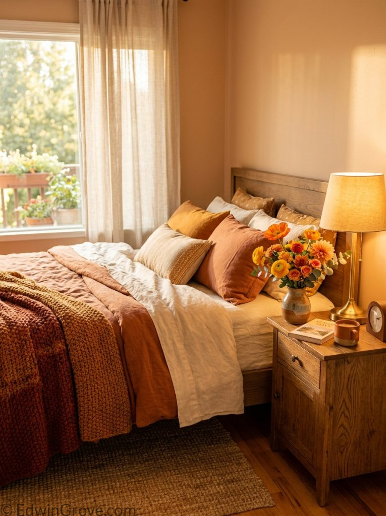  Warm summer bedroom with terracotta amber tones layered bedding textured throw warm lamp and warm-toned flowers on nightstand 