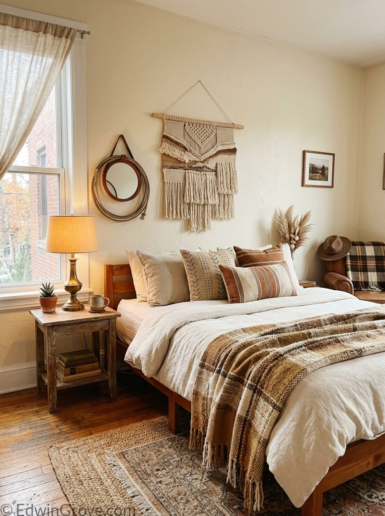 Western apartment bedroom with tan brown cream rustic tones woven throw wooden nightstand vintage lamp and woven wall hanging