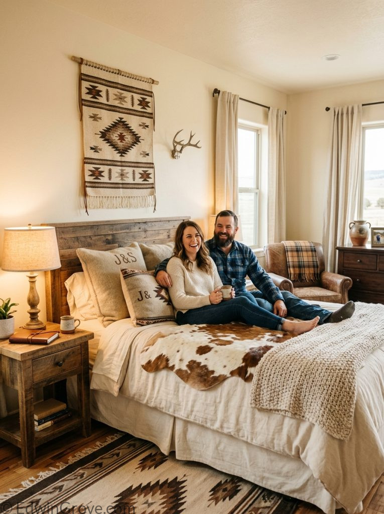 Western master bedroom for couples with tan brown cream tones cowhide throw wooden nightstands vintage lamps and woven wall hanging