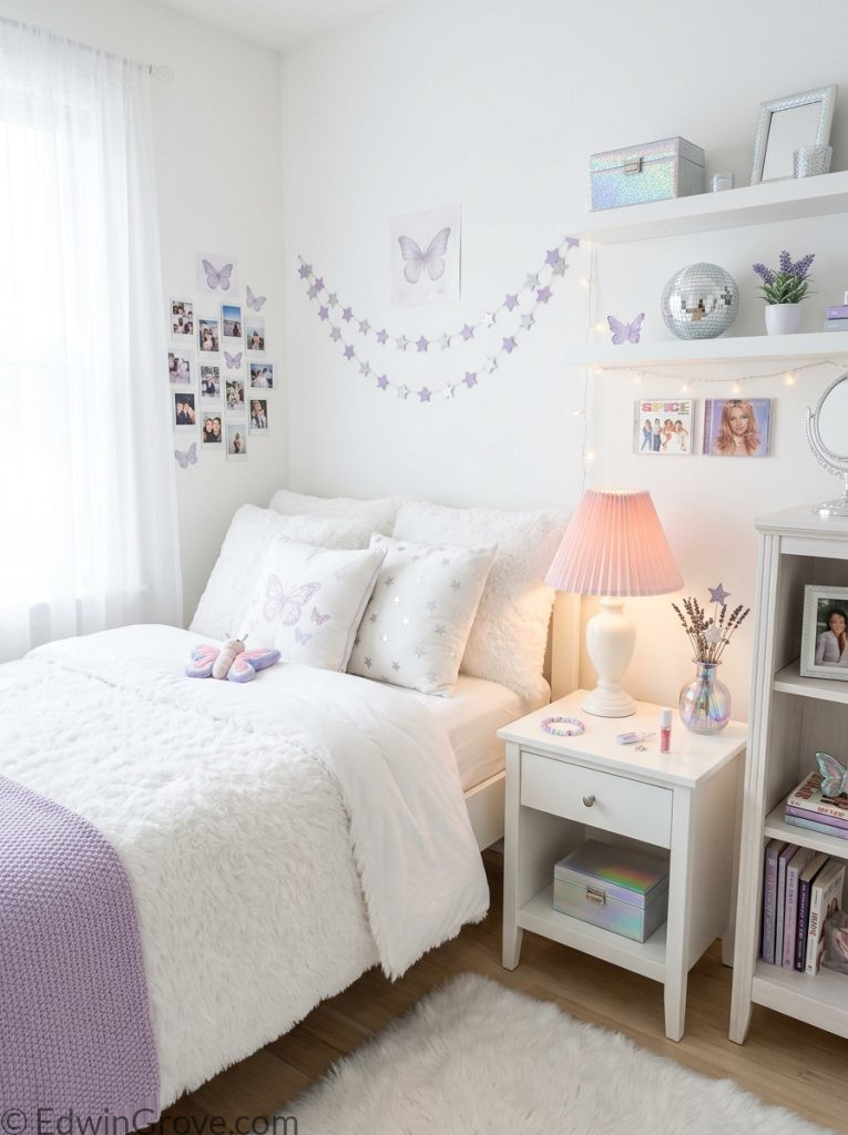 White y2k bedroom with crisp white base pink silver lavender accents fluffy bedding butterfly star accessories white retro lamp and holographic shelves 