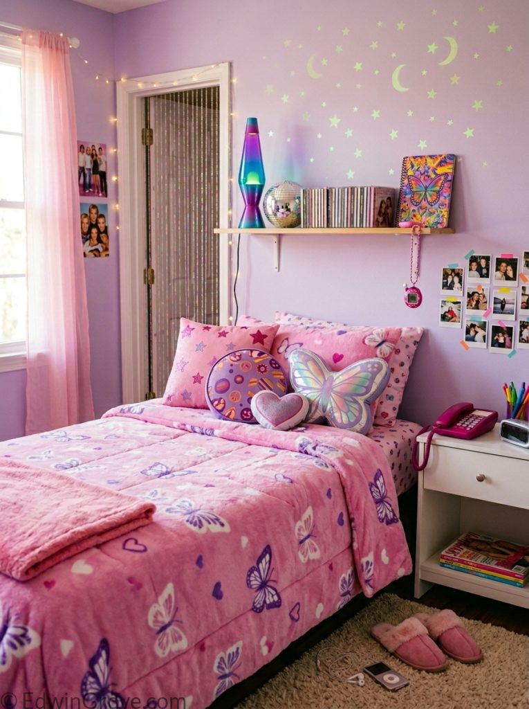  2000s y2k bedroom with pink purple tones retro lava lamp fluffy bedding butterfly pillows and star moon wall stickers 