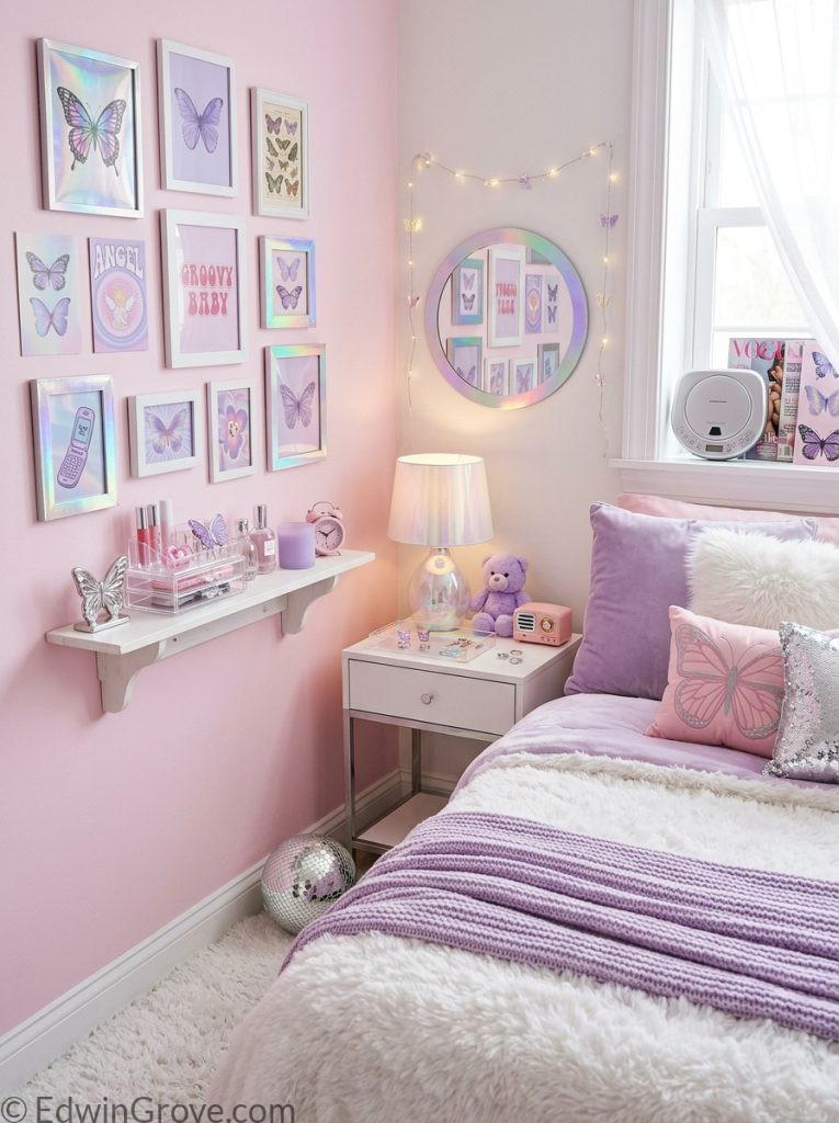  Aesthetic y2k bedroom with pink lavender silver tones holographic accessories butterfly wall prints aesthetic frames and fluffy white bedding 