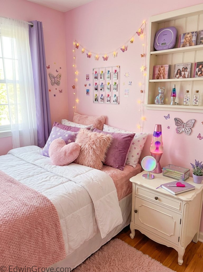 Beautiful y2k bedroom with pink purple tones holographic accents fluffy white bedding pink pillows retro lamp and butterfly star decorations