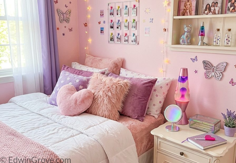 Beautiful y2k bedroom with pink purple tones holographic accents fluffy white bedding pink pillows retro lamp and butterfly star decorations
