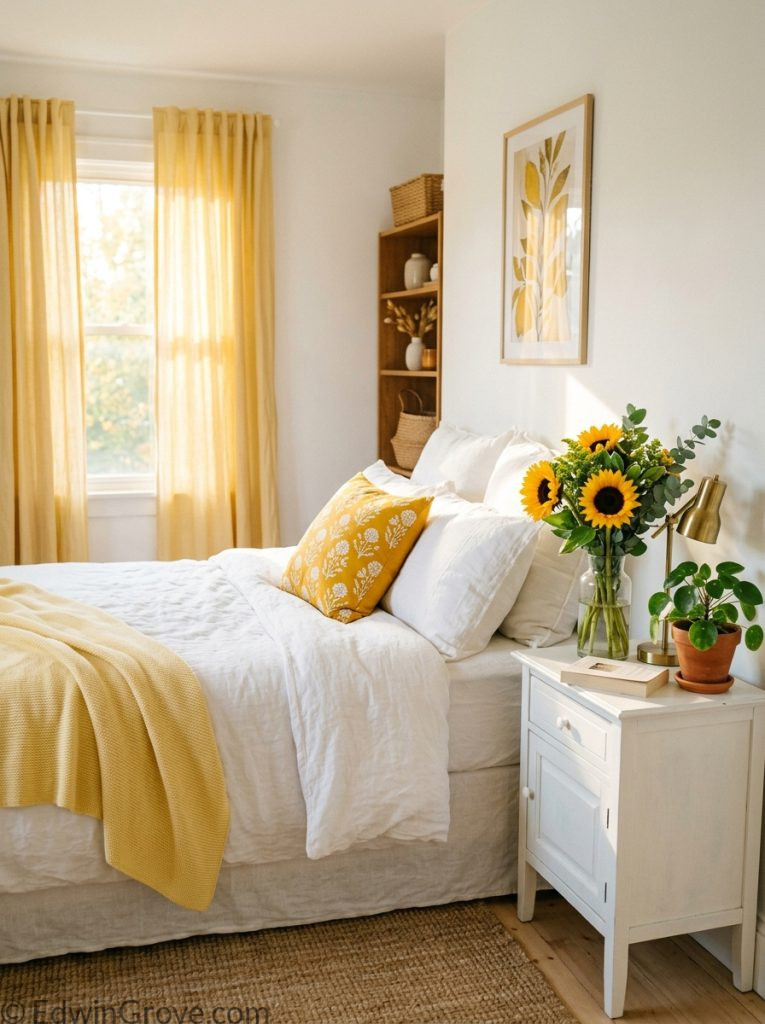 Sunny yellow summer bedroom with golden butter yellow accents white walls yellow throw pillow sunflowers and soft curtains 